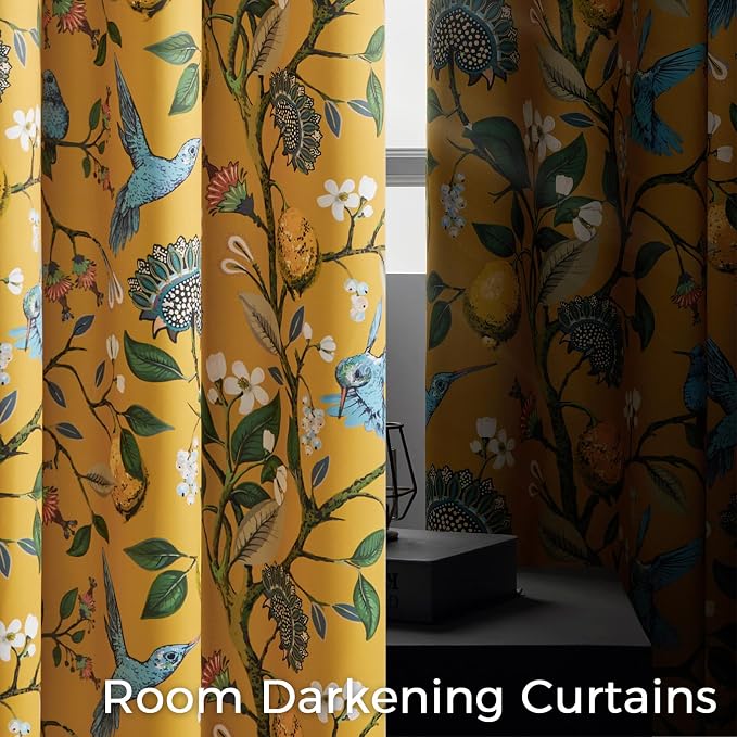 Topfinel 48 Inches Long Short Mustard Yellow Blackout Curtains for Cafe Kitchen, Grommet Room Darkening Luxury Floral Lemon Hummingbird Patterned Waverly Colorful Drapes for Living Room Bedroom
