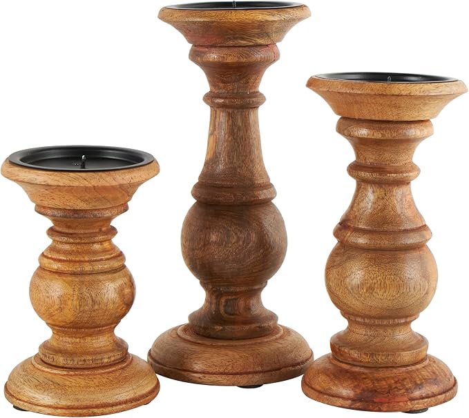Deco 79 Mango Wood Candle Holders, Set of 3, 10", 8", 6"H, Brown | Decorative turned style pillar candle stand, candlestick holder