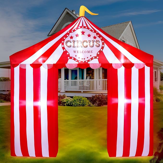Preboun 10ft/3.05m Circus Carnival Party Decoration Large Circus Inflatables Tent Blow up Archway Built in LED Lights for Carnival Birthday Party Summer Holiday Yard Garden Outdoor Decor