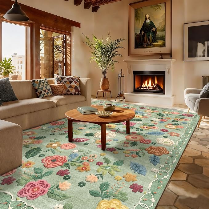 9x12 Area Rugs for Living Room: Washable Bedroom Rug Lightweight Non Slip Low Pile Soft Faux Wool Non Shedding Distressed Vintage Floral Large Carpet for Dining Room Farmhouse Nursery Office Indoor
