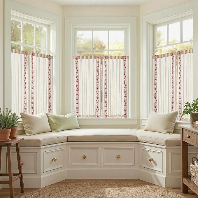 jinchan Red Floral Embroidered Linen Kitchen Curtains 54×45 Inch 2 Panels | Light filtering, back tab, rod pocket, cafe curtains for kitchen bedroom living room, cottage farmhouse, small window