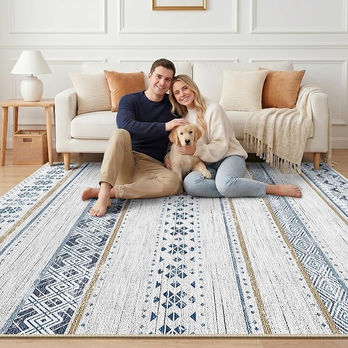 BESTSWEETIE 6x9 Area Rugs for Living Room Washable Moroccan Farmhouse Neutral Geometric Low Pile Non-Slip Soft Print Pattern Rug for Bedroom Kitchen Dining Room Entryway Blue/Brown