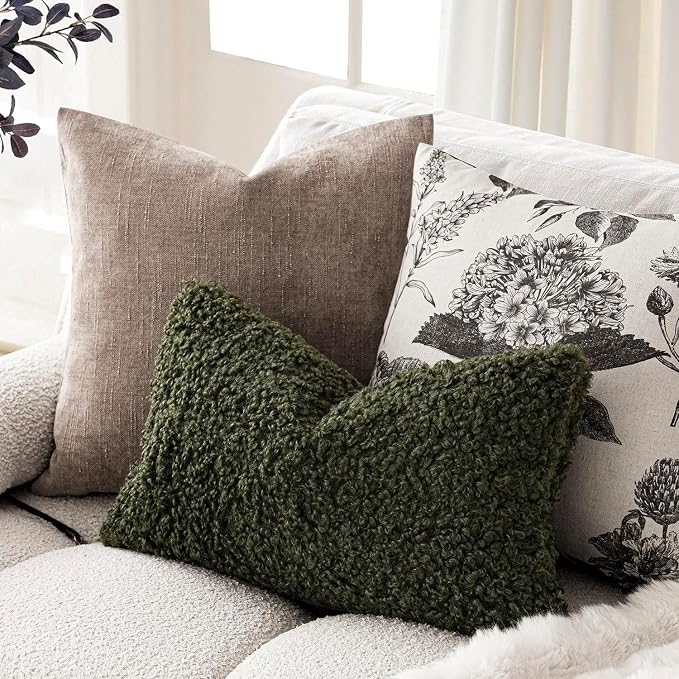 Foindtower Set of 2 Curly Teddy Wool Pillow Covers Decorative Boucle Textured Lumbar Throw Pillow Faux Fur Sherpa Pillowcases Sheepskin Fuzzy Cushion Case for Sofa Bedroom Car 12"x20" Olive Green