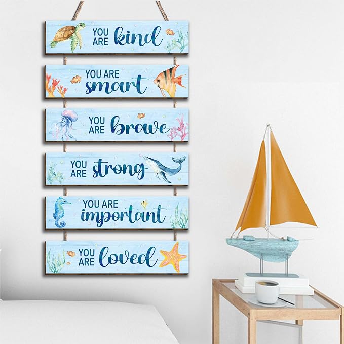 6 Pcs Ocean Decor Kids Room Placards of Wood Decor, Watercolor Ocean Inspirational Positive Quotes Works of art of Wood Wall Art Hanging Sign for Teens Children Bedroom Princess Toddler Room