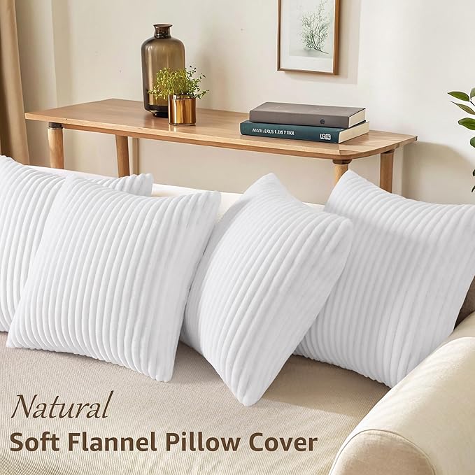 decorUhome Set of 4 Flannel Neutral White Throw Pillow Covers 18x18 Inch, Spring Decorative Soft Double-Sided Fluffy Couch Pillow Covers, Farmhouse Pillow Cases for Sofa Living Room