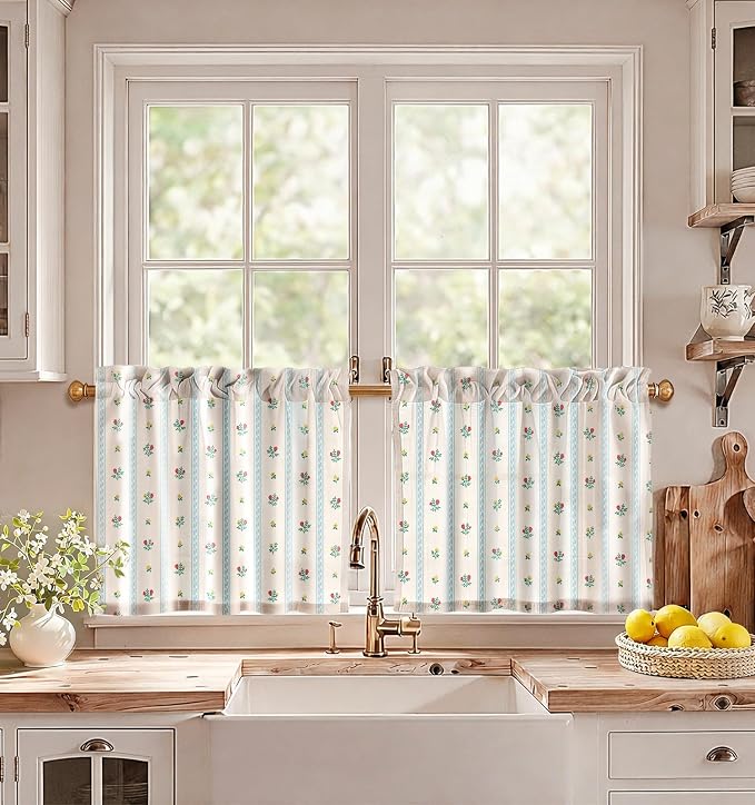 Miss Adola Farmhouse Kitchen Tier Curtains - 20 Inch Length Linen Blend Boho Cafe Curtains Blue Floral Small Window Treatments Over Sink Rod Pocket for Bathroom Living Room Light Filtering, 2 Panels