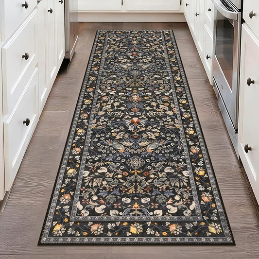 HEBE Washable Hallway Runner Rug 2'x 6' Non Slip Kitchen Rugs Runner, Low Pile Entryway Rug Laundry Room Mat Floral Carpet Runners for Hallways, Kitchen, Bathroom, Laundry, Bedside Rug