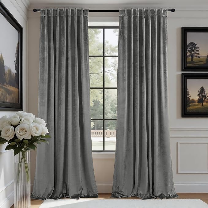 Pitalk Grey Velvet Curtains 84 Inches Long 2 Panels Luxury Blackout Curtains for Bedroom Living Room Thermal Insulated Super Soft Window Drapes Gray Rod Pocket & Back Tab W52 x L84 Inch Length