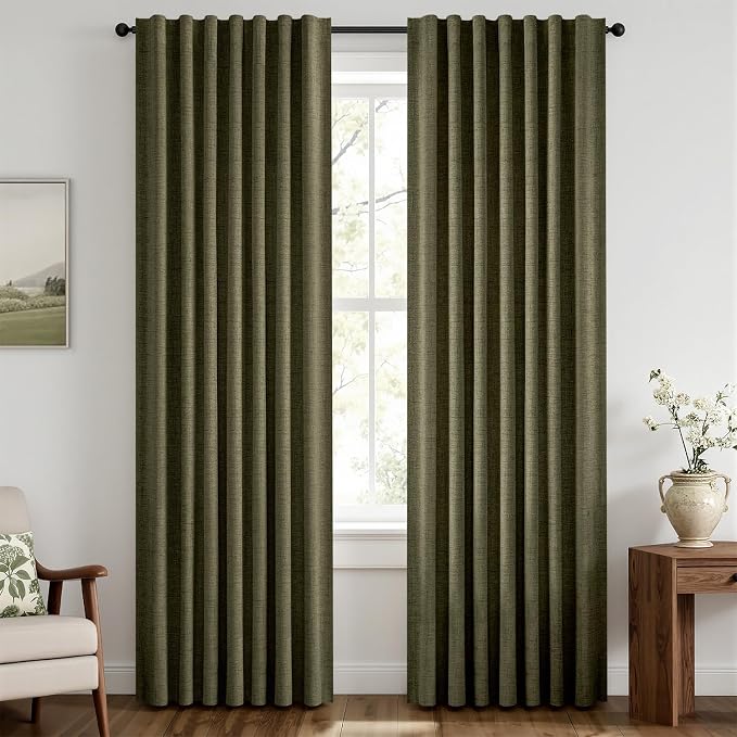MIULEE 100% Blackout Linen Curtains for Bedroom, Light Olive Green Solid Luxury Decor Thermal Insulation Room Darkening Drapes for Living Room Back Tab Rod Pocket 42 x 63 Inches, 2 Panels