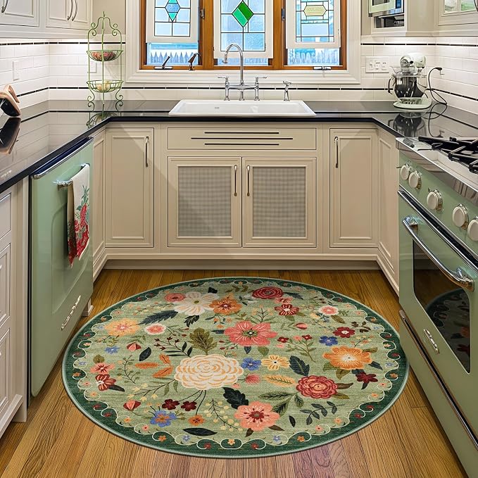 4ft Round Machine Washable Area Rug for Living Room, Light Green Vintage Boho Floral Rug Non-Slip Low Pile Soft Faux Wool Carpet Kids and Pets Friendly for Bedroom Nursery Farmhouse Home Decor Rug