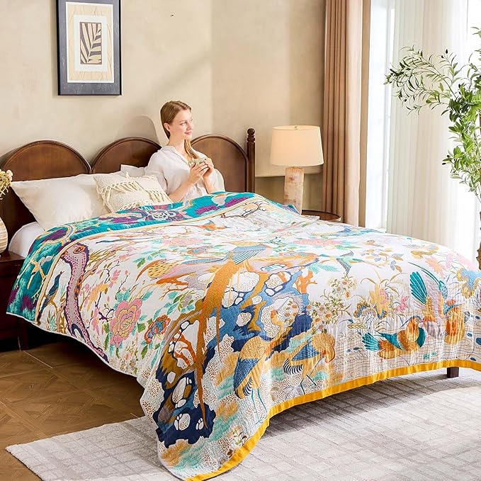 XIBLC Fall Throw Blanket for Couch, Yellow Boho Decorative Throw Blanket, 100% Cotton Muslin Breathable Woven Farmhouse Blankets Quilt, 50"x60" Reversible Lightweight Blankets Bohemian Throw Quilt