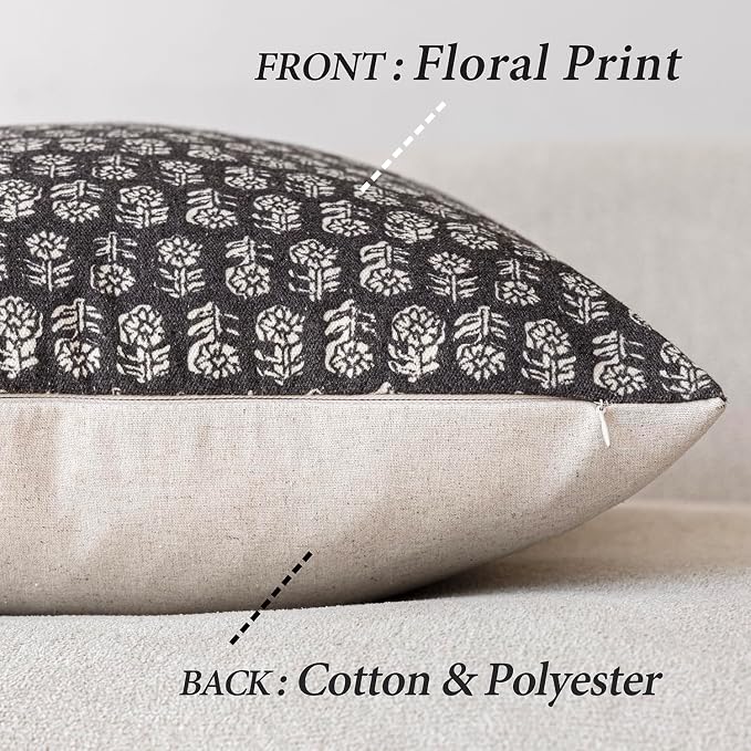 Foindtower Set of 2 Decorative Neutral Floral Print Throw Pillow Covers Vintage Accent Farmhouse Cushion Covers Boho Home Decor for Sofa Couch Chair Bedroom Living Room,24×24 Inch,Black