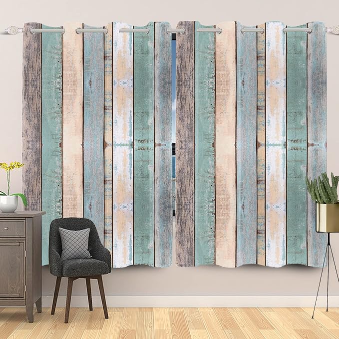 Rustic Wood Barn Door Curtains Kitchen Curtains Vintage Farm Style Colorful Wooden Planks Window Curtains Wood Boards Room Darkening Window Drapes for Living Room Bedroom,53x72 inch,2 Panels