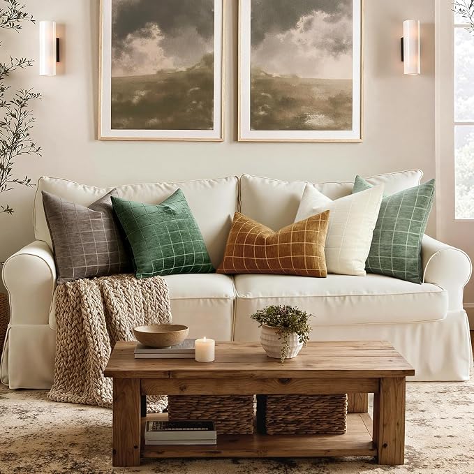 MIULEE Moss Green Plaid Decorative Throw Pillow Covers 20x20 Set of 2 | Vintage Check Chenille Couch Pillows Neutral Boho Farmhouse Cushion Covers Modern Home Decor for Sofa Bed Living Room