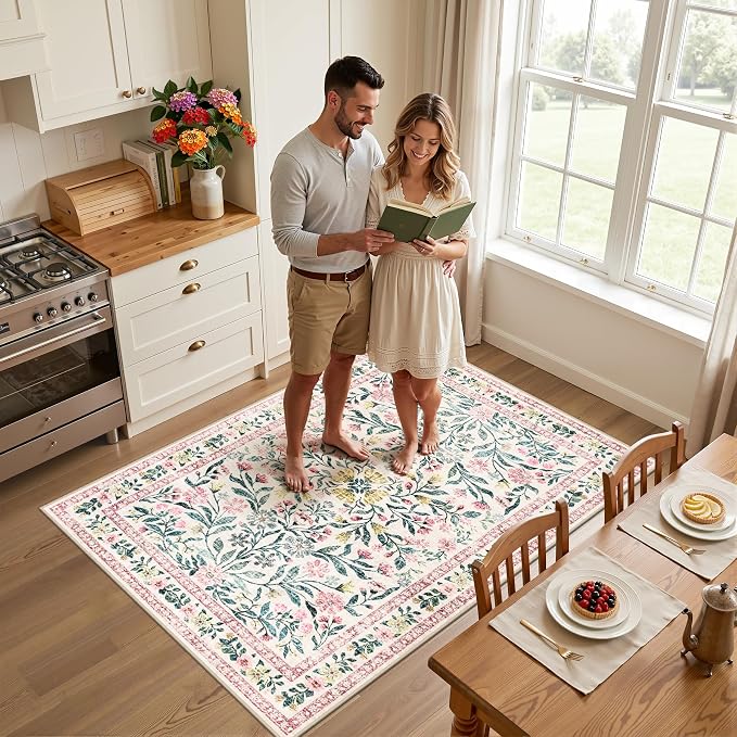 Area Rug Living Room Rugs: Floral 3x5 Washable Rug Vintage Soft Boho Non-Slip Carpet Indoor Floor Stain Resistant Large Carpets for Bedroom Dining Room Farmhouse Nursery Hallway Pink/Green