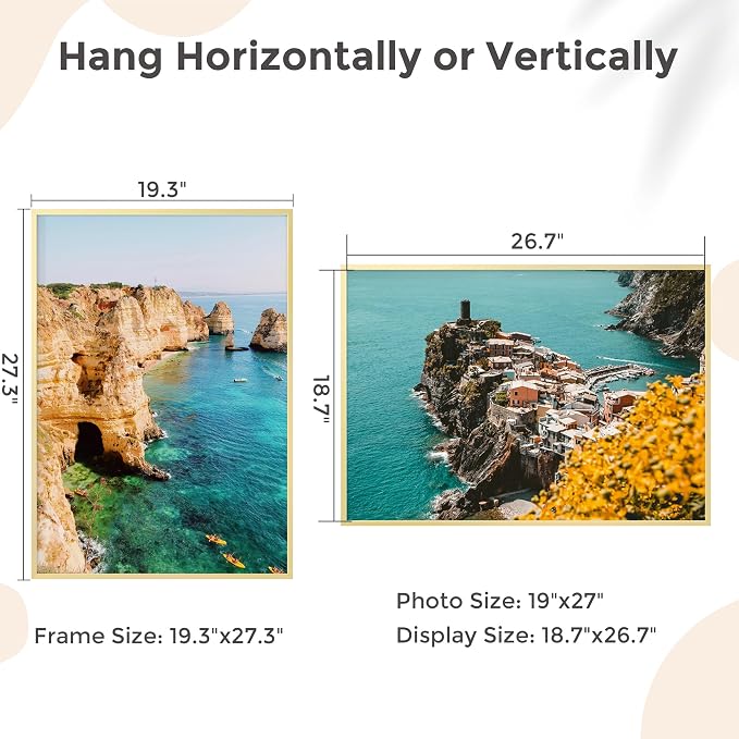FLYJOE 19x27 Metal Picture Frame - Gold Aluminum Picture Frames with Real Glass, Wall Mounting Horizontally or Vertically, Diploma, Certificates and Decor for Wall Gallery 27x19 Frame, Gold