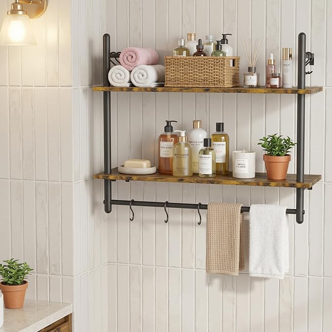 Merapi Industrial Pipe Floating Shelf with Towel Bar & Hooks - 31.5" Wall Mounted Kitchen, Bathroom, Coffee Bar Shelf - Modern Farmhouse Wood & Metal Shelves with 8 S-Hooks