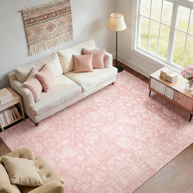 FROZZUR Boho Pink Area Rug 6x9 Large Vintage Rug for Living Room Bedroom Dining Table, Non Slip Distressed Washable Rugs for Home Office Decor Pink