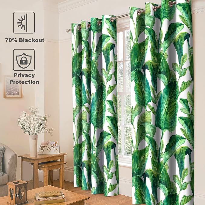 Jekeno Rainforest Leaves Blackout Curtains - Tropical Palm Leaf Nature Green Plant Print Darkening Privacy Drapes Decor Bedroom Living Room Apartment Grommet Window Treatments 2 Panels Set, 52"x84"