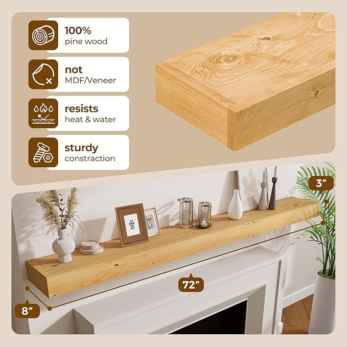 Marsmiles Fireplace Mantel Shelf 72 Inch, Rustic Handcrafted Wood Mantles for Over Fireplace, Farmhouse Wall Mounted Floating Shelves for Living Room Decor & Display, 72W x 3H x 8D, Honey Maple