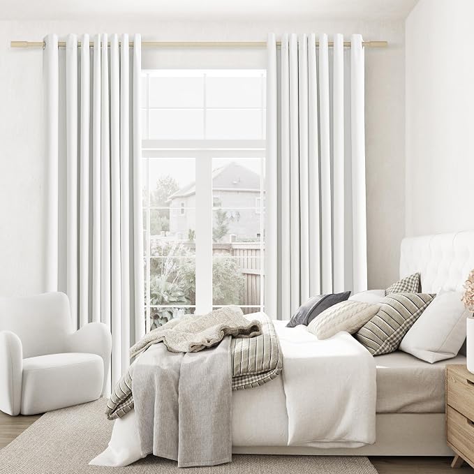 Jowels Off White Linen Blackout Curtains 90 Length 2 Panels Set for Living Room Bedroom, 100% Black Out Thermal Insulated Linen Drapes, Room Darkening Grommet Curtains 90 Inches Long, Off White