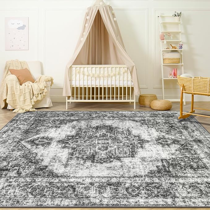 Area Rug 4x6 Vintage Rugs: Washable Indoor Medallion Rug Low Pile Distressed Floor Carpet Retro Accent Rugs for Living Room Bedroom Kitchen Dining Table Home Office(Black, 4'x6')