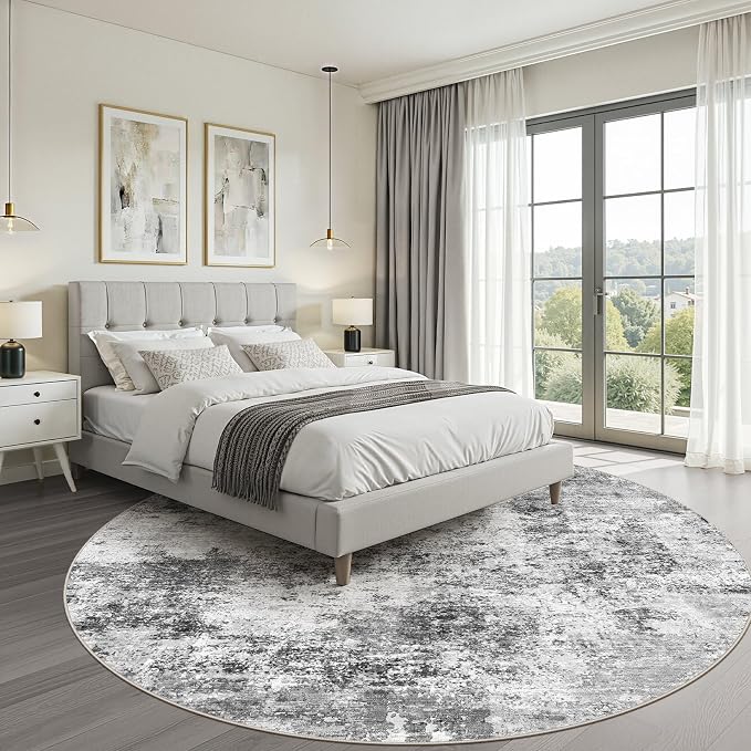 10ft Round Rug Living Room: 10x10 Washable Large Neutral Circle Area Rug Abstract Soft Modern Stain Resistant Indoor Floor Non-Slip Carpet for Bedroom Nursery Kids Office Playroom- Black Gray