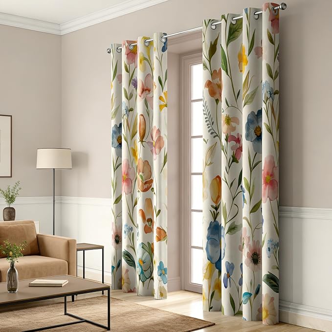 Boho Floral Blackout Curtains, Vintage Watercolor Wildflower Botanical Plant Leaves Room Darkening Thermal Insulated Grommet Window Drapes for Living Room Bedroom Decor 2 Panels 52x96 Inches