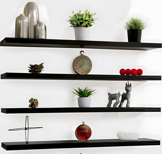 Wood Floating Shelves for Wall Decor, Rustic Wall Shelves for Bedroom Bathroom Kitchen Living Room, Set of 4 Black 48 Inch
