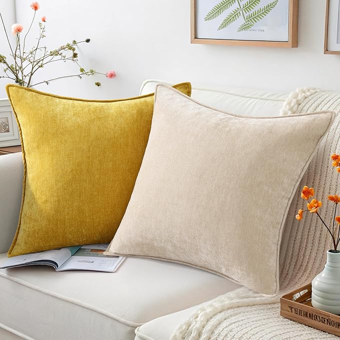 decorUhome Fall Couch Throw Pillow Covers 16x16 Set of 2, Decorative Soft Velvet Modern Cozy Chenille Pillow Cases with Elegant Design for Sofa Bed Living Room Home Decor, Mineral Yellow