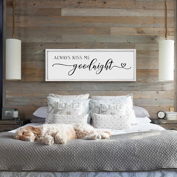Always Kiss Me Goodnight Wall Sign 42''×15'' Large Above Bed Wall Decor Bedroom Sign Bedroom Decor with Solid Wood Framed, Couples Love Theme Wall Decor (White)