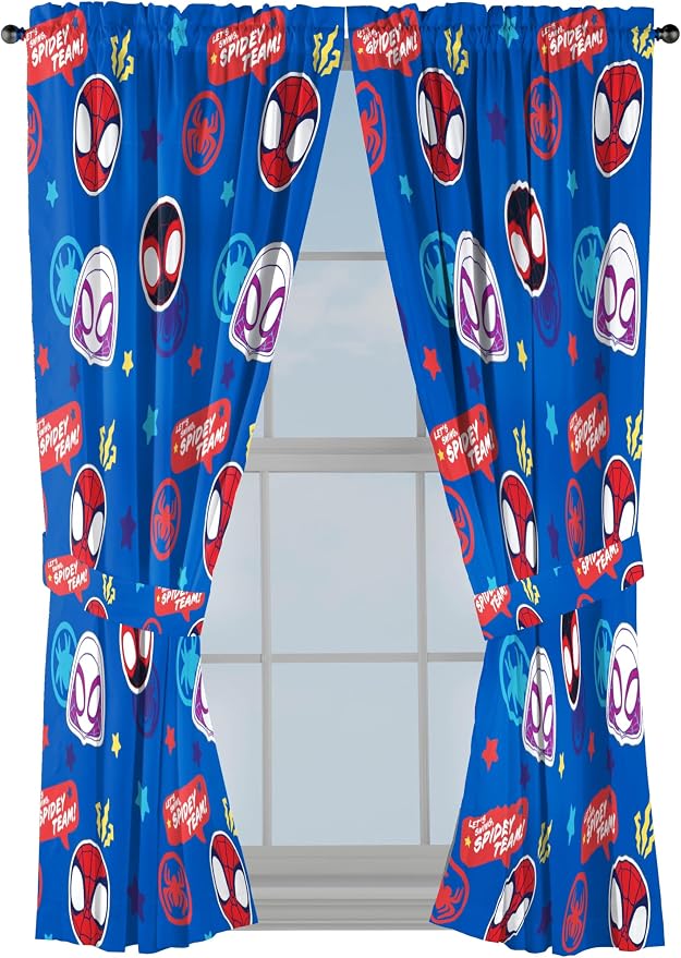 Jay Franco Window Curtains for Kids Bedroom 4-Piece Drape Set with 2 Tiebacks, Blue - Spidey & His Amazing Friends, 42" W x 63" L (Pack of 2)