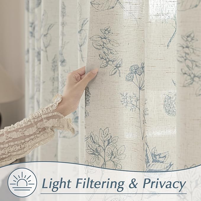 FMFUNCTEX Linen Curtains Floral Patterned Curtains for Bedroom Living Room, Blue Curtain 96 Inches Long Farmhouse, Light Filtering Beige Window Curtain Grommet Top 2 Panels Set