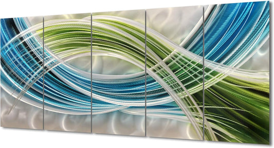 Yihui Arts Abstract Metal Wall Art - Hand Crafted 5 Pieces Panels Large Big Blue Teal Silver Unique 3D Aluminum Modern Contemporary Home Accent