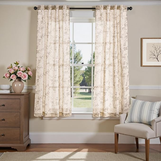 jinchan Taupe Floral Linen Curtains 63 Inch Flower Drapes Back Tab 2 Panels | Taupe on beige, light filtering, farmhouse, country, rustic, bedroom, living room, kitchen, window treatment, home decor