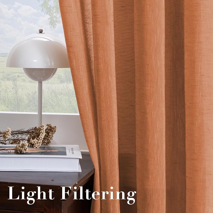 H.VERSAILTEX Linen Curtains Natural Linen Blended Curtain for Living Room/Light Reducing Linen Semi Sheer Curtains 2 Panels Set Nickel Grommet Window Panels (52x108 Inch, Orange)