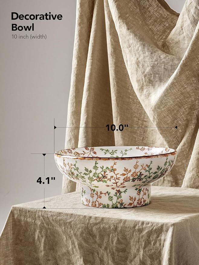 LE TAUCI 10" Ceramic Decorative Bowl, Key Bowl for Entryway, Handcrafted Sturdy Pedestal Bowl, French Country Fruit Bowl for Kitchen Counter, Centerpiece, Vine Green