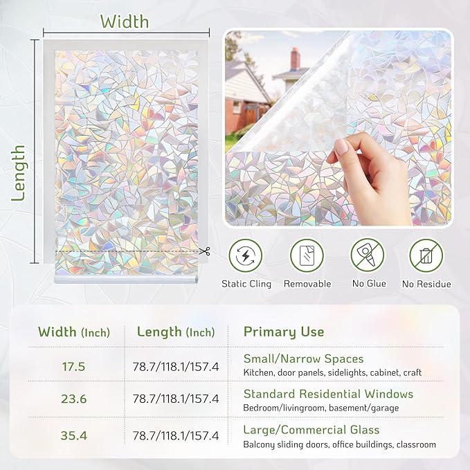 LUTE Window Privacy Film, Rainbow Window Film, 3D Decorative Stained Glass Cling, Non-Adhesive Vinyl Static Cling Removable Glass Stickers, Sun UV Blocking Decal Covering for Home, 17.5 x 118.1 inches