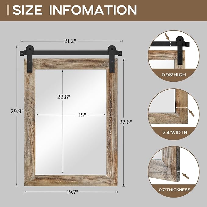 COGOOD Farmhouse Barn Door Mirror - 22 x 30 Rustic Wood Framed Wall Mirror for Bathroom, Living Room, Entryway Wall Decor (Striped Brown)