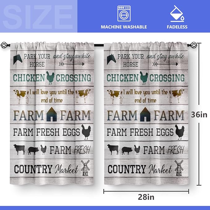 Farmhouse Country Kitchen Curtains - Vintage Chicken & Rooster Rustic Style Tier Curtains - 36 Inch Length, 2 Panels