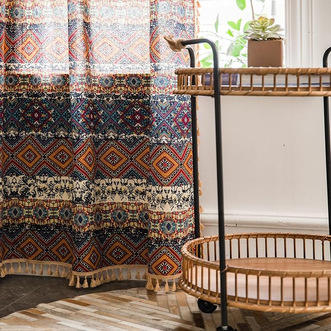 VOGOL Vintage Boho Curtains for Farmhouse, Not See Through Privacy Window Treatments for Yoga Room, Soft Touch Geo Printed Drapes for Dining Room, 59 x 79 Inches, 1 Panel