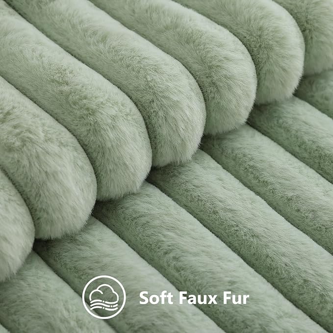 decorUhome Fall Cozy Faux Fur Throw Pillow Covers 22x22 Set of 2 Decorative Plush Striped Modern Farmhouse Boho Couch Euro Sham Pillow Cases with Velvet Back for Sofa Bed Living Room, Sage Green