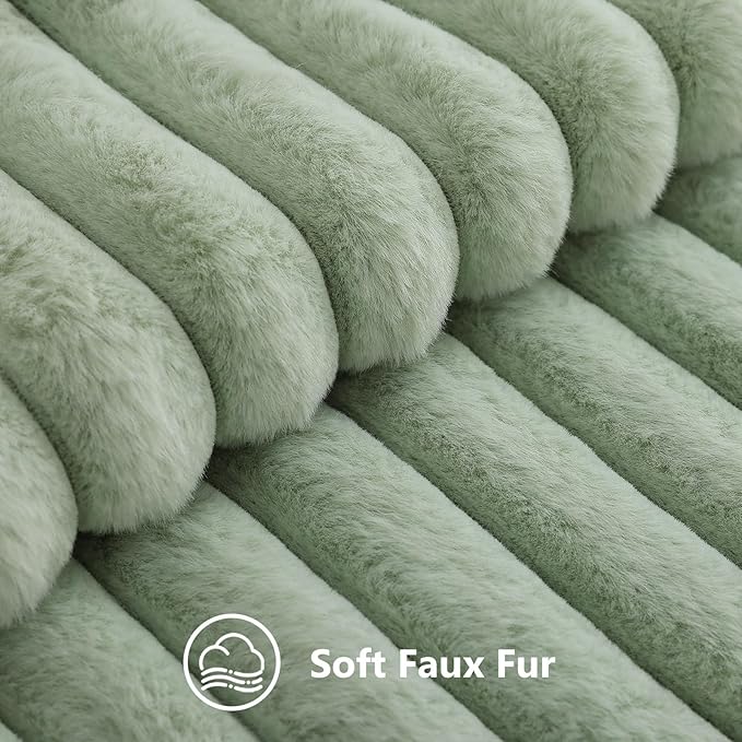 decorUhome Fall Cozy Faux Fur Throw Pillow Covers 20x20 Set of 2 Decorative Soft Plush Striped Modern Farmhouse Boho Couch Pillow Cases with Velvet Back for Sofa Bed Living Room, Sage Green