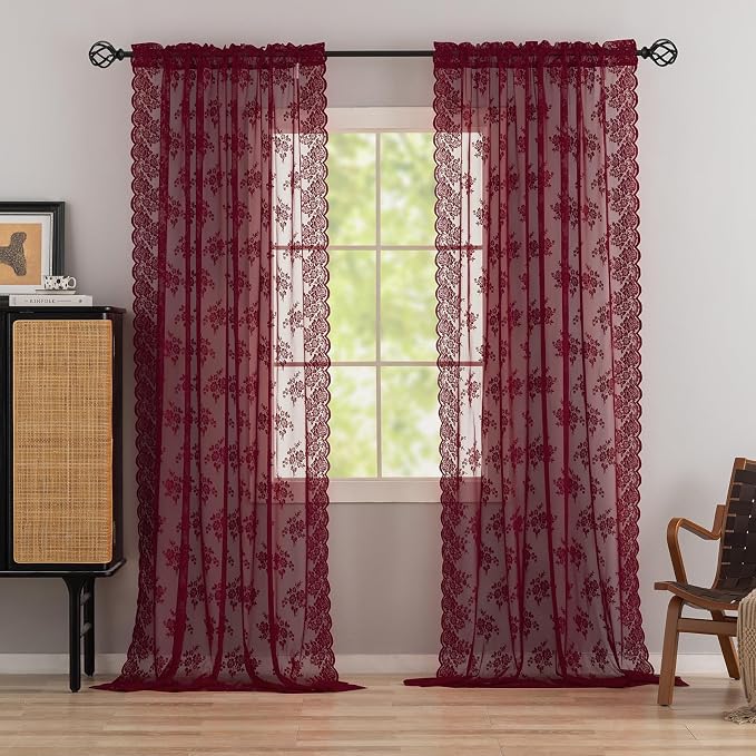 Kotile Burgundy Lace Curtains 63 Inch Length 2 Panels Rustic Floral Cottagecore Maroon Sheer Curtains for Bedroom, Rod Pocket Privacy Light Filtering Vintage Sheer Window Curtains, Each 52 x 63 Inch