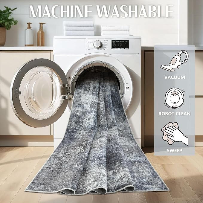 Abstract 10x14 Area Rug: Machine Washable Non Slip Ultra Thin Low-Pile Carpet, Soft Stain Resistant for Living Dining Room Bedroom, Kid Pet Friendly, Robot Vacuum Compatible - Dark Grey/Blue