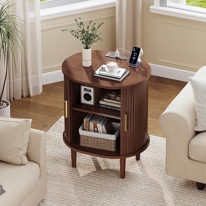 DHH Mid Century Modern Nightstand Set of 2 with Charging Station, Fluted Accent Side Table with Sliding Door & Adjustable Shelf, End Table for Small Space, Living Room, Bedroom,Sofa Couch(2, Walnut)