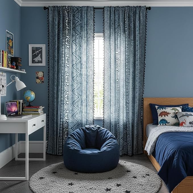 ColorBird Blue Boho Curtains Farmhouse MCM Western Striped Aztec Light Filtering 84 Inches Window Treatment Patterned Drapes for Bedroom Living Dining Room Kitchen Boho Chic Decor