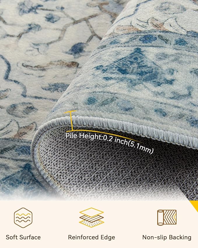 RELEANY Area Rugs Large 10'x14' Washable Non-Slip, Floral Vintage Distress Medallion Carpet for Living Room Bedroom Dining Room, Light Blue Navy Gray White