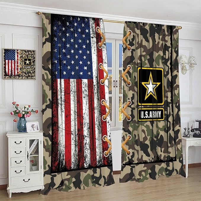 American Flag Curtains,Retro Green Camouflage Military Stars for Kids Boys Girls Bedroom Living Room Decor Window Treatment 2 Panels Set Total Size 63" W X 63" L Inch