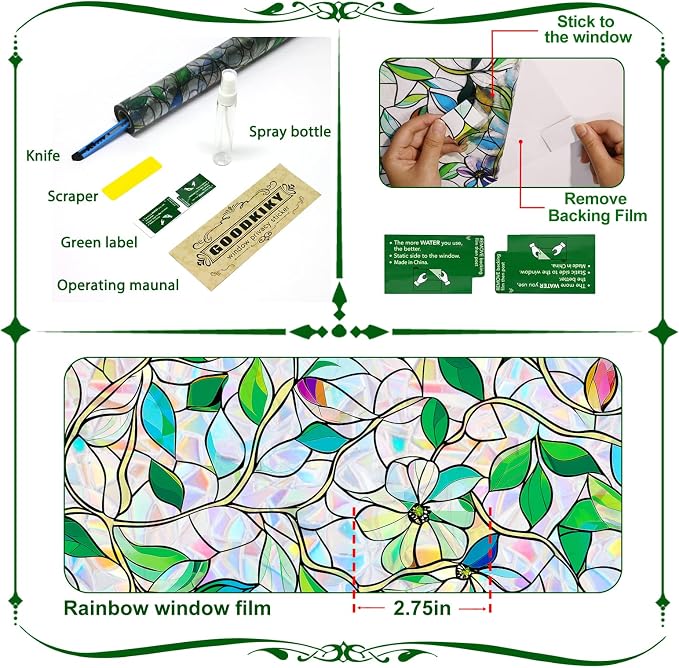 Stained Glass Window Film, Rainbow Privacy, One Way Decorative Tint, Static Cling, Renter Friendly for Home Bathroom Door